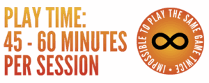 Play time is 45-60 minute sessions. Impossible to play the same game twice